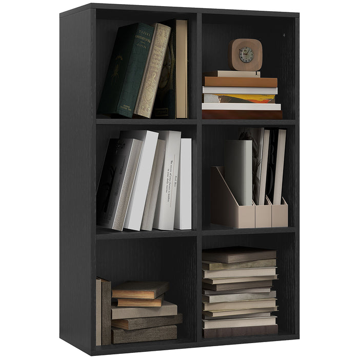 Six-Cube Organizer Shelf - Sleek Black Wood Finish Bookcase - Space-Saving Storage Solution for Home and Office