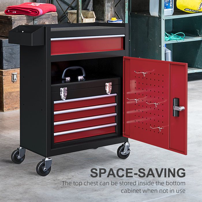 Rolling Tool Cabinet Combo with 5 Drawers and Locking System - Portable Workshop and Home Storage Solution in Red - Ideal for Organizing Tools and Securing Valuables