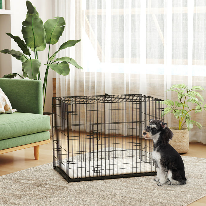 PawHut Dog Crate with 2 Doors with Tray, Soft Cushion, Foldable Metal Dog Cage for Small Dogs, 76 x 53 x 60, Black