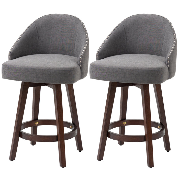 Nailhead Trim Bar Stools (Set of 2) - Rubber Wood Legs & Comfort Footrest, Dark Grey - Ideal for Breakfast Counters, Dining & Pub Areas