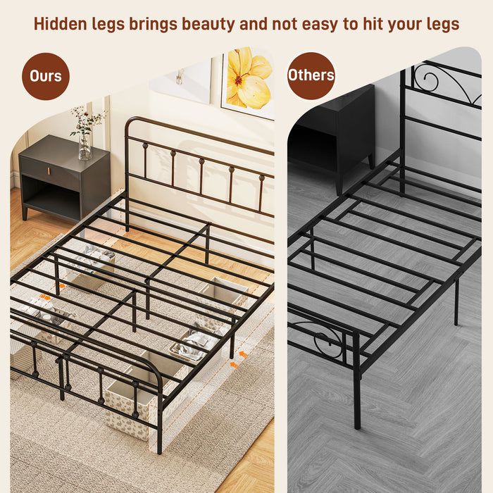 Double Platform Bed Frame with Tall Headboard and Underbed Storage - 4ft Steel Slat Support, No Box Spring Required - Ideal for Easy Assembly and Space-Saving