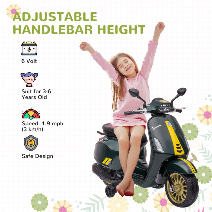 Vespa Licensed 12V Kids Electric Scooter - Interactive Features with Music, Headlights, FM Radio - Perfect Ride-on Toy for Children Aged 3-6, Vibrant Green