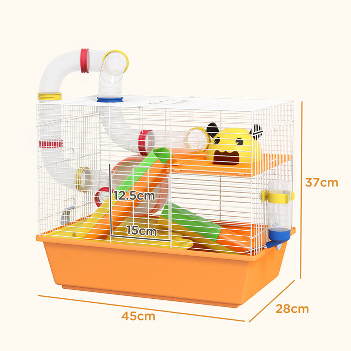 Trio-Tier Gerbil Haven - Spacious Hamster Cage with Fun Tubes and Exercise Wheel, Includes Ladder and Top Handle - Ideal Pet Home for Small Rodents, 45x28x37 cm, Vibrant Orange