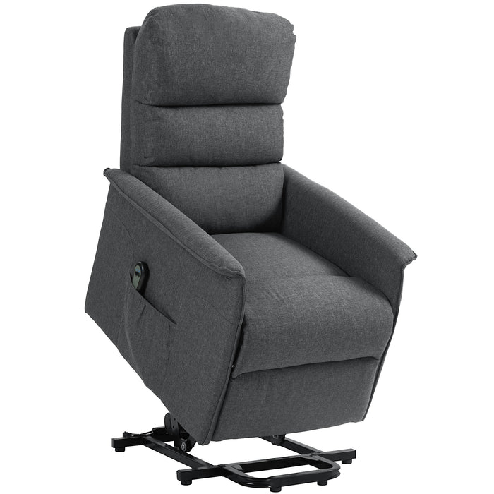 Electric Power Lift Recliner Chair - Fabric Armchair with Spring Pack Seat, Footrest, Side Pockets for Elders - Comfortable Remote-Controlled Reclining Chair for Living Room in Dark Grey