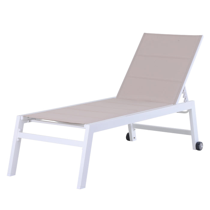 Aluminium Garden Sun Lounger with Padded Cushion - Adjustable Backrest Chaise Lounge & Rolling Wheels, Texteline Fabric - Cozy Outdoor Reclining Chair for Patio Relaxation & Sunbathing