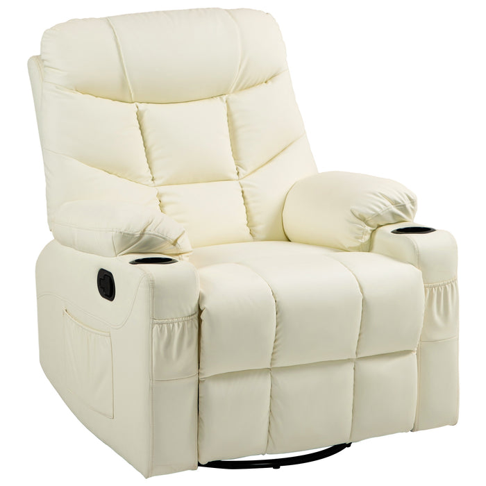 Manual Swivel Recliner Armchair - Comfortable Faux Leather with Footrest and Cup Holders - Ideal for Relaxation and Lounging, Cream, 86x93x102cm