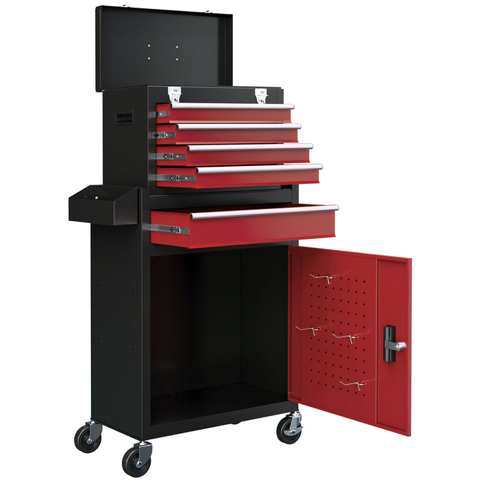 Rolling Tool Cabinet Combo with 5 Drawers and Locking System - Portable Workshop and Home Storage Solution in Red - Ideal for Organizing Tools and Securing Valuables