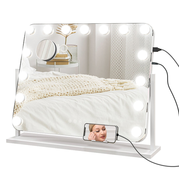 Large Hollywood Vanity Mirror with LED Lights - 63x50 cm Lighted Makeup Mirror, 3 Colour Modes, 14 Bulbs, Touch Control - Includes 10X Magnifying, USB Port, Phone Holder, 360° Swivel Function