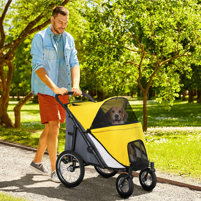 Foldable Canine & Feline Cart - Washable Cushion, Storage Bags & Safety Leash Features - Ideal for Medium to Large Pets on the Go, Vibrant Yellow