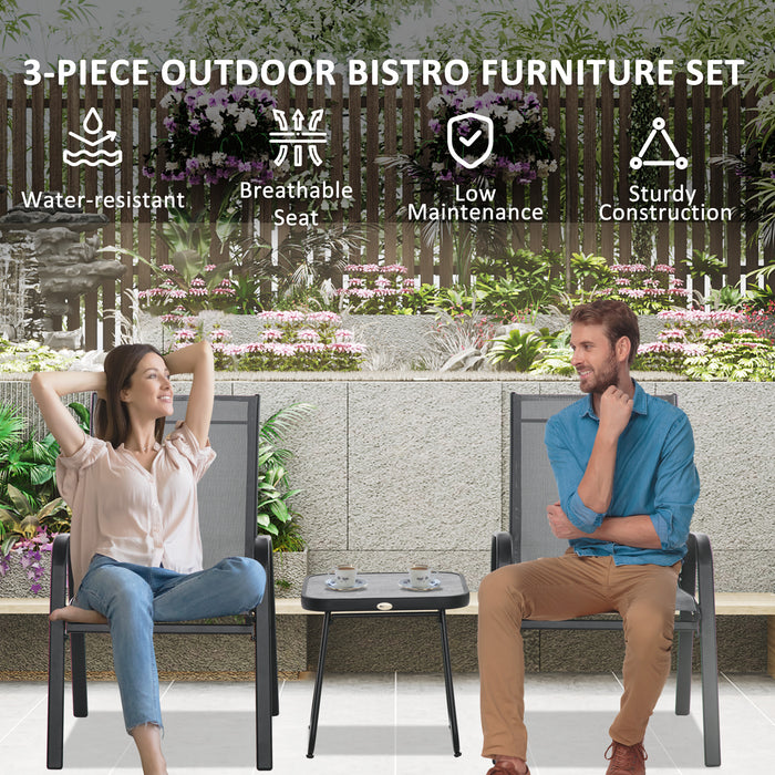 Outdoor Bistro Furniture Set - 3-Piece Patio Ensemble with Stackable Armchairs & Mesh Fabric - Includes SPC Board Coffee Table for Porch or Garden Relaxation