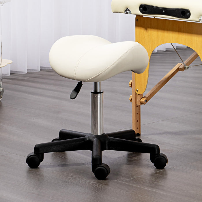 Adjustable White Saddle Stool - PU Leather, Steel Frame, Rolling Salon Chair for Massage, Spa, Beauty & Tattoo - Comfortable Seating for Professionals