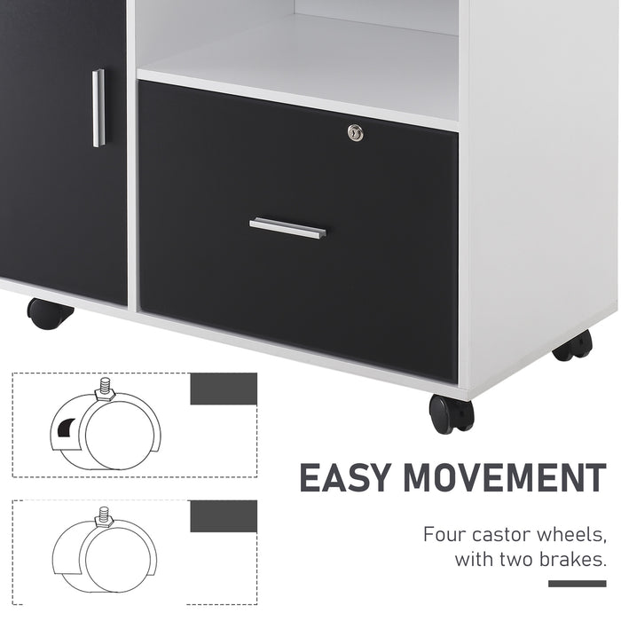 Locking Drawer Filing Cabinet - Mobile Storage Solution with Wheels and Shelf, A4/Letter File Organizer - Secure Printer Stand for Home Office, Black and White