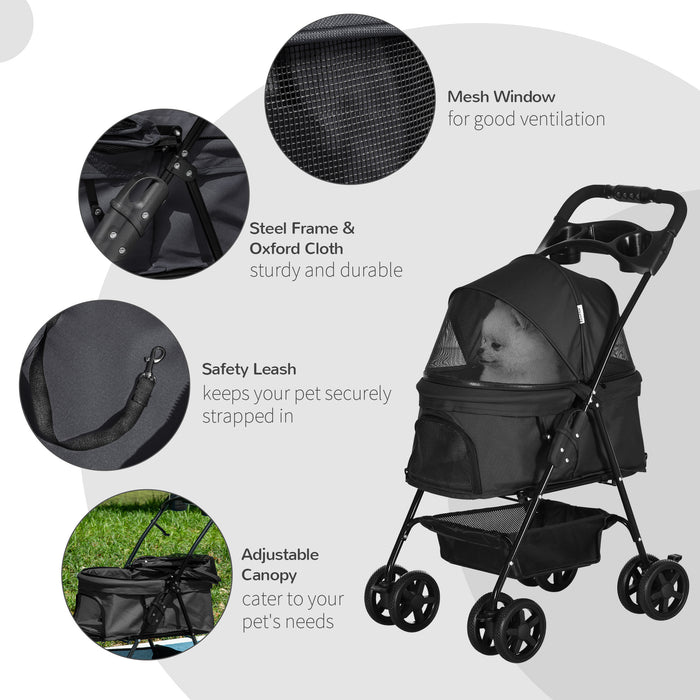 Foldable Pet Stroller for Cats & Dogs - 4-Wheeled Travel Carriage with Adjustable Canopy & Safety Features - Includes Storage Basket and Cup Holder for Pet Parents on the Go