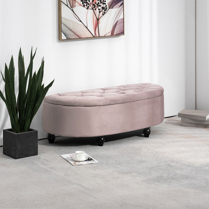 Tufted Semi-Circle Ottoman with Storage - Upholstered Bench Seat & Footrest with Rubberwood Legs for Bedroom and Entryway - Elegant Pink Accent Furniture for Comfort and Organization