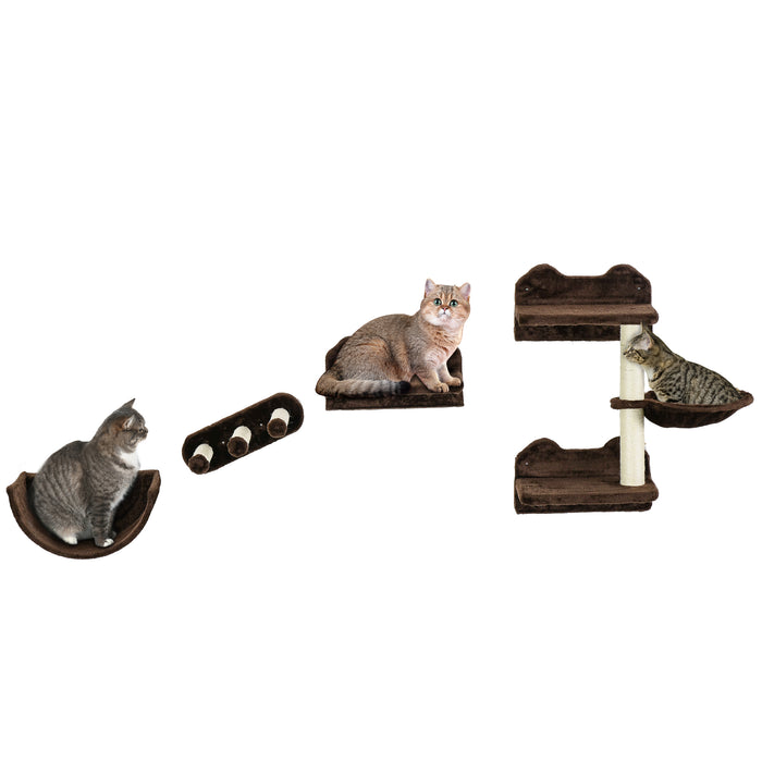 Wall-Mounted Cat Play System with 4 Pieces - Includes Scratch Post, Hammock, Cozy Nest in Brown - Perfect for Cat Climbing and Lounging