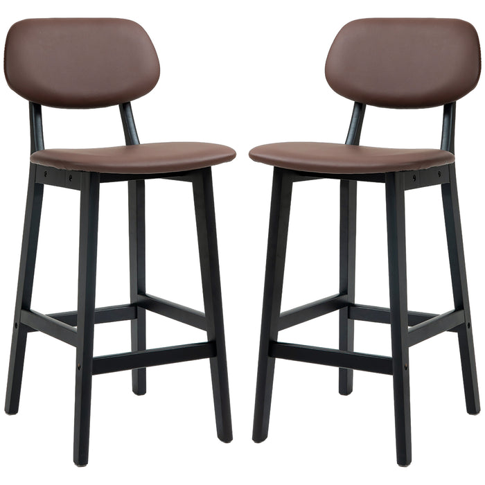 Modern Breakfast Bar Chairs Set of 2 - Faux Leather Upholstered Stools with Wood Legs and Back Support - Ideal for Kitchen Islands and Home Bars, Brown