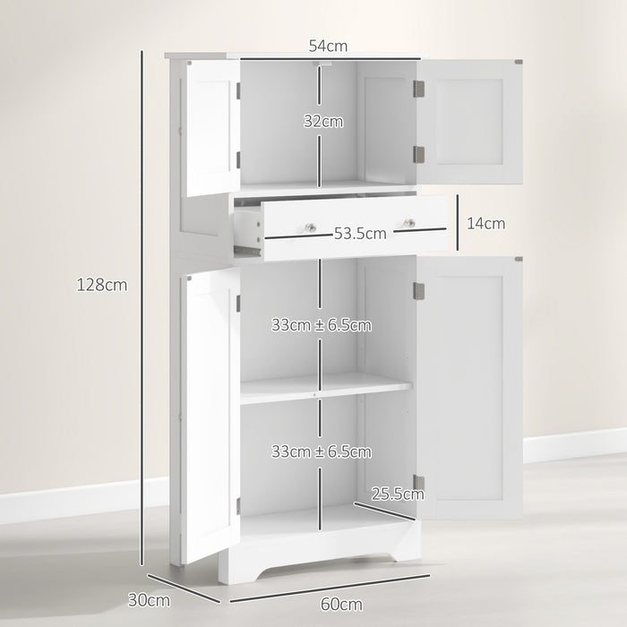 Modern Freestanding Kitchen Storage Cabinet - Elegant White Cupboard with Doors, Shelves & Drawer - Space-Saving Design for Kitchen Organization