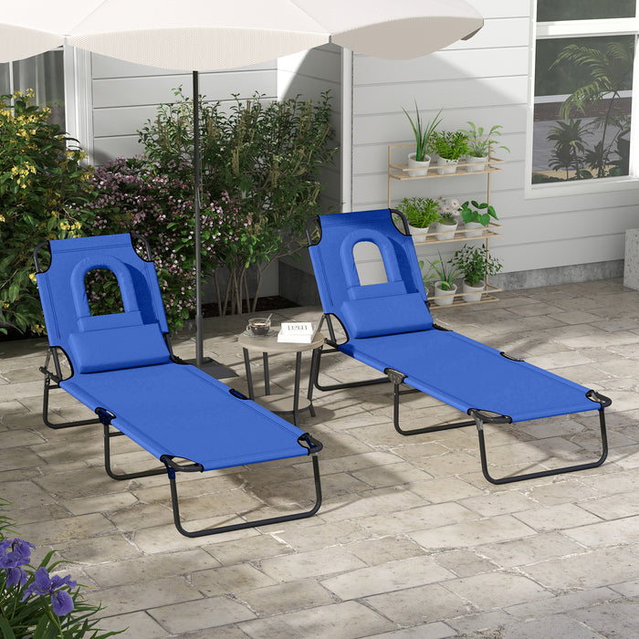 Outdoor Reclining Sun Lounger Chairs, Set of2 with 4-Level Adjustable Backrest and Reading Hole - Comfortable Patio Furniture with Pillows, Blue - Ideal for Poolside Relaxation and Sunbathing