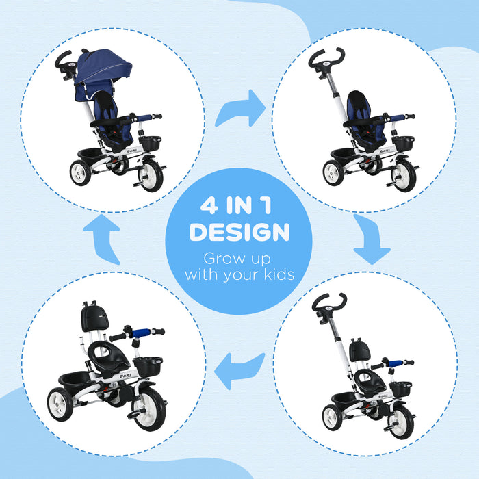 4-in-1 Baby Push Tricycle with Metal Frame and Parent Handle - Versatile and Durable Ride-on Toy for Toddlers - Ideal for 1-5 Year Olds, Dark Blue