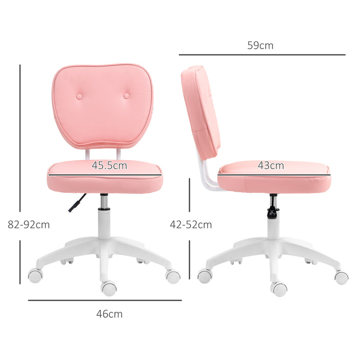 Vanity Office Chair - PU Leather Armless Computer Chair with Adjustable Height and Swivel Wheels - Perfect for Home Office Comfort in Pink