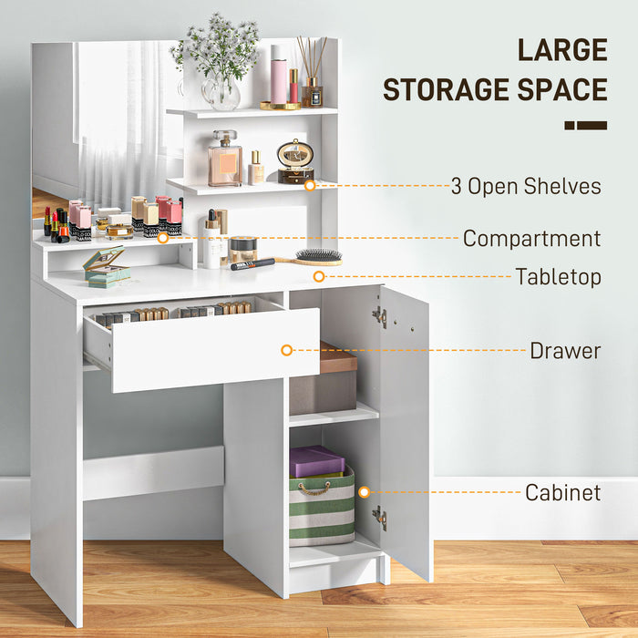 Vanity Makeup Desk with Mirror and Stool - Modern Bedroom Dressing Table with Drawer, Storage Cabinet, and Adjustable Shelf - Elegant White Furniture for Personal Grooming Space