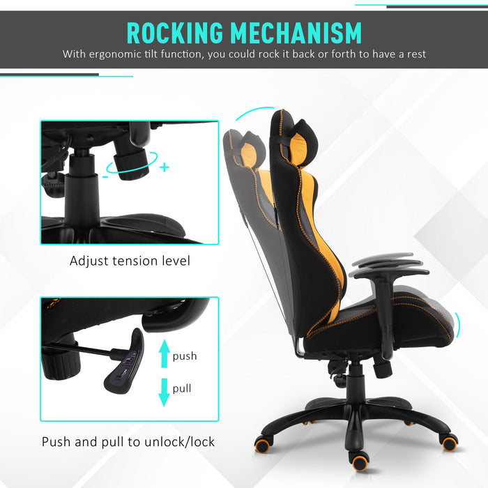 Ergonomic Racing-Style Gaming Chair with Yellow Accents - 360° Swivel, Adjustable Height, and Comfy Pillows - Perfect for Home Gaming and Office Use