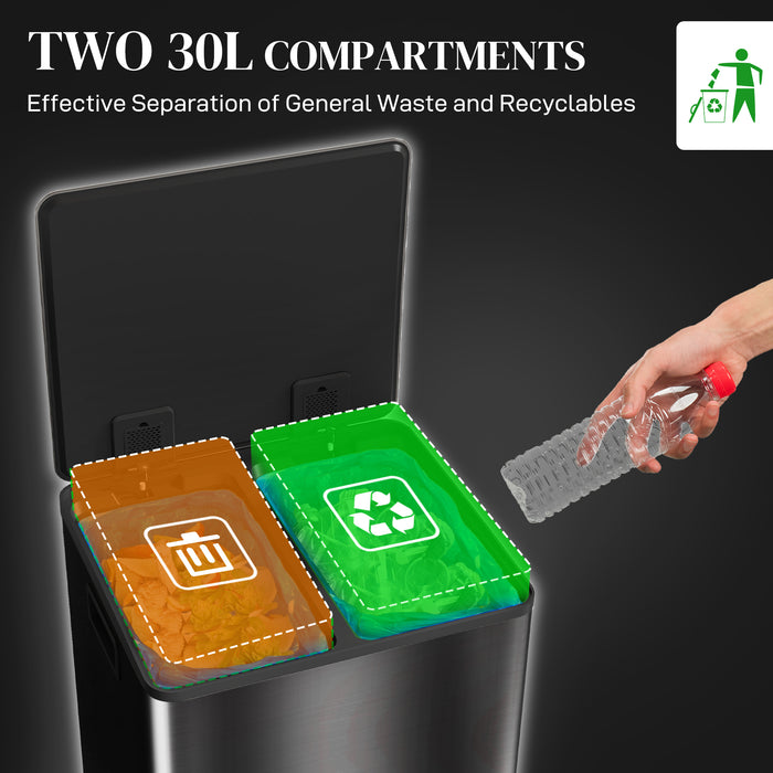 Dual Compartment Recycling & Waste Bin - 60L Stainless Steel Pedal with Soft-Close Lid & Removable Inner Buckets - Efficient Trash Sorting for Home or Office Use