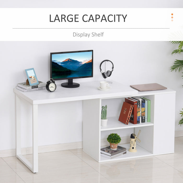 L-Shaped Corner Workstation - Rotating Storage Shelf and Large Computer Desk with White Wood Grain Finish - Ideal for Home Office and Efficient Space Use