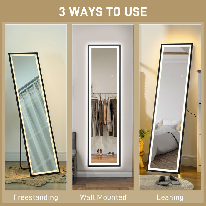 HOMCOM Full Length Mirror with LED Lights, 150 x 40cm Free Standing Mirror with Dimming and 3 Colour Lighting, Leaning or Wall Mirror with Metal Frame for Living Room, Bedroom, Black