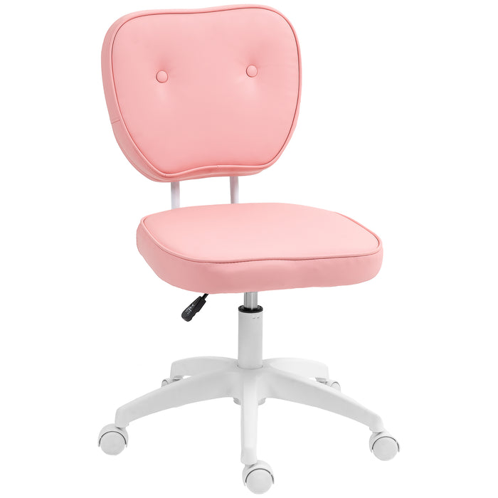 Vanity Office Chair - PU Leather Armless Computer Chair with Adjustable Height and Swivel Wheels - Perfect for Home Office Comfort in Pink