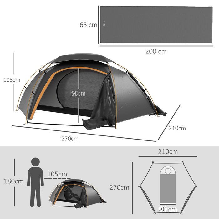 Outsunny Camping Tent with Self Inflatable Mattress, 1 Person Dome Tent with Removable Rainfly and Aluminium Frame, 2000mm Waterproof, Portable with Bags, for Fishing Hiking, Dark Grey/Grey