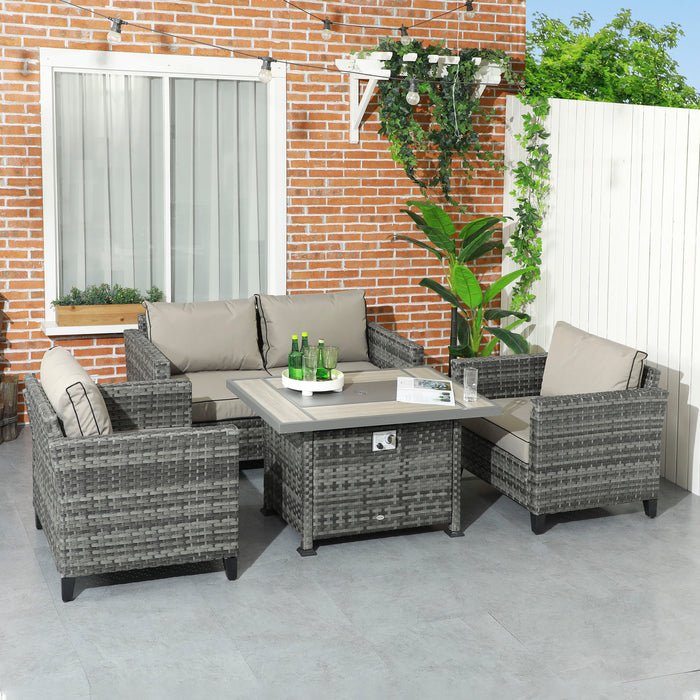 5-Piece Rattan Patio Set with Gas Fire Pit - Outdoor Sofa, Armchairs, and Comfort Cushions - Ideal for Garden Entertaining and Relaxation