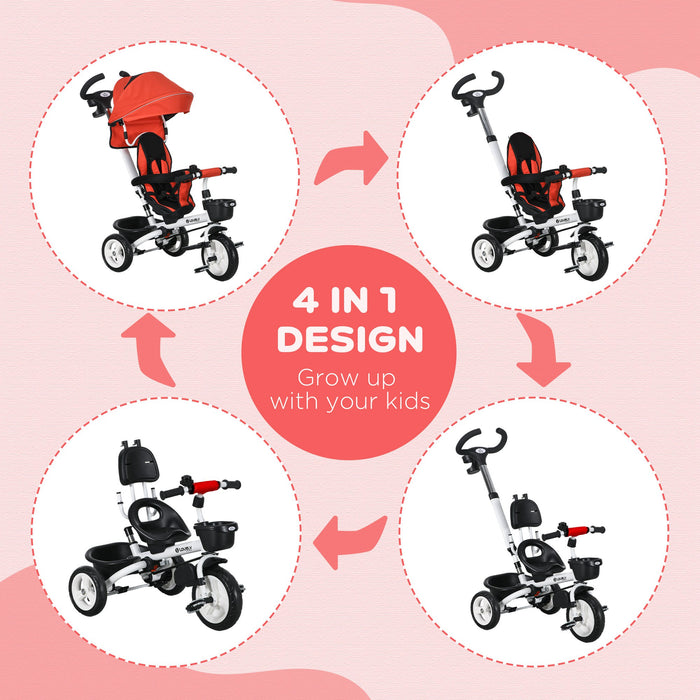 4-in-1 Baby Push Tricycle - Metal Frame with Parent Handle, Suitable for 1-5 Years Old, Red - Versatile Toddler Trike for Outdoor Fun and Learning