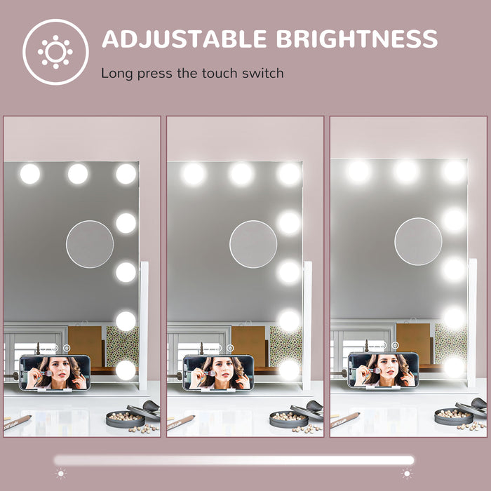 Hollywood Vanity Mirror with Lights - 37x46 cm, 3-Color Lighting, 12 LED Bulbs, 10X Magnification - Includes USB Port and Phone Holder for Makeup Artists