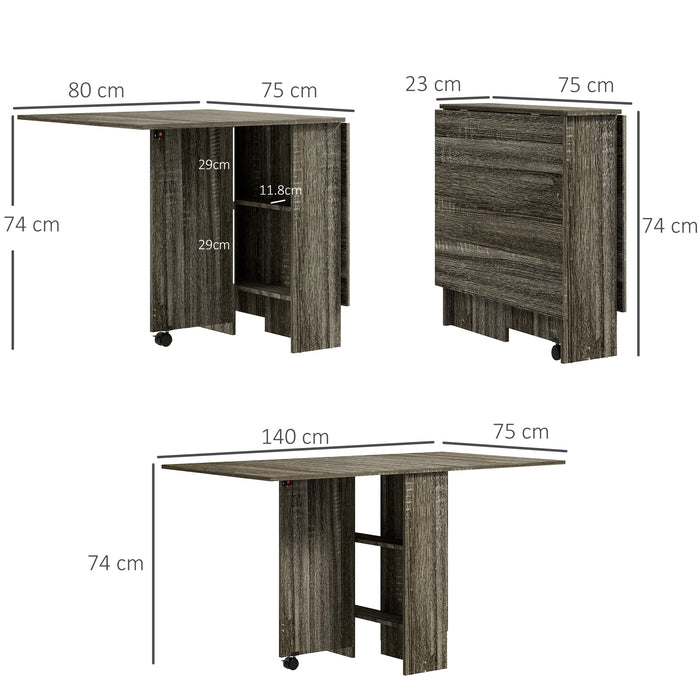 Space-Saving Drop Leaf Folding Dining Table - 2-Tier Shelves and Mobile Rolling Casters, Grey Finish - Ideal for Small Kitchens and Apartments