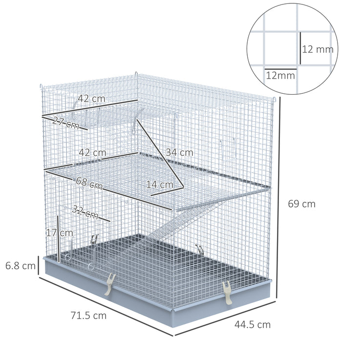 3-Level Small Animal Metal Enclosure - Hamster, Rat, Rodent, Ferret, Chinchilla Cage with Platform, Feeding Habitat, Easy Clip Base, Ladder - Ideal Pet Hutch for Comfort & Exercise in Grey Finish