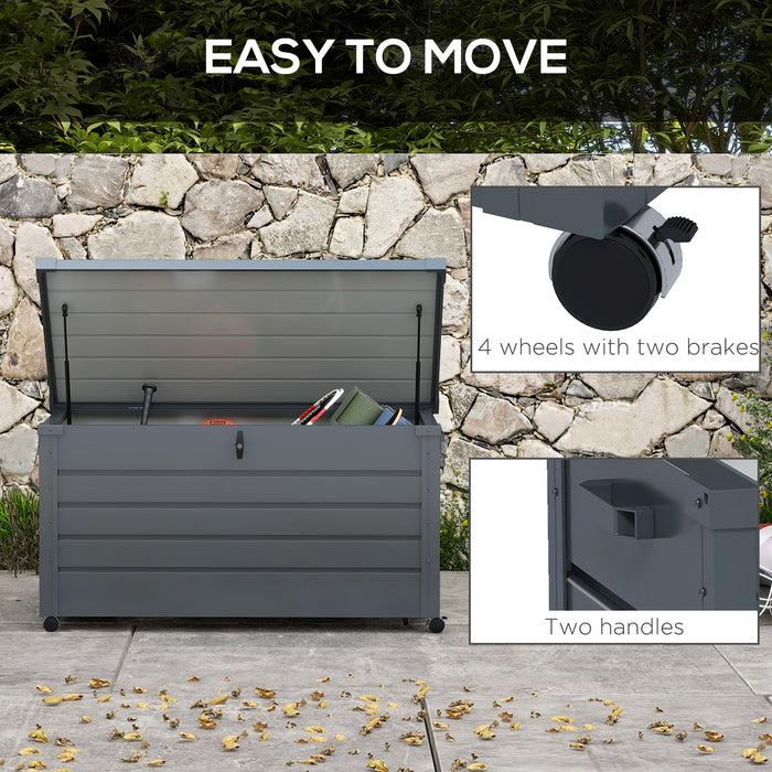 Waterproof 331L Outdoor Storage Box with Wheels and Handles - Lockable Galvanized Steel Deck Box, Dark Grey - Ideal Organizer for Garden Tools, Cushions, and Accessories