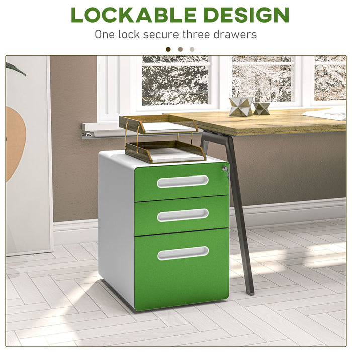 Vinsetto 3 Drawer Filing Cabinet, Steel Lockable File Cabinet with Lock and Wheels, for A4, Letter, Legal Sized Files, Green | Aosom UK