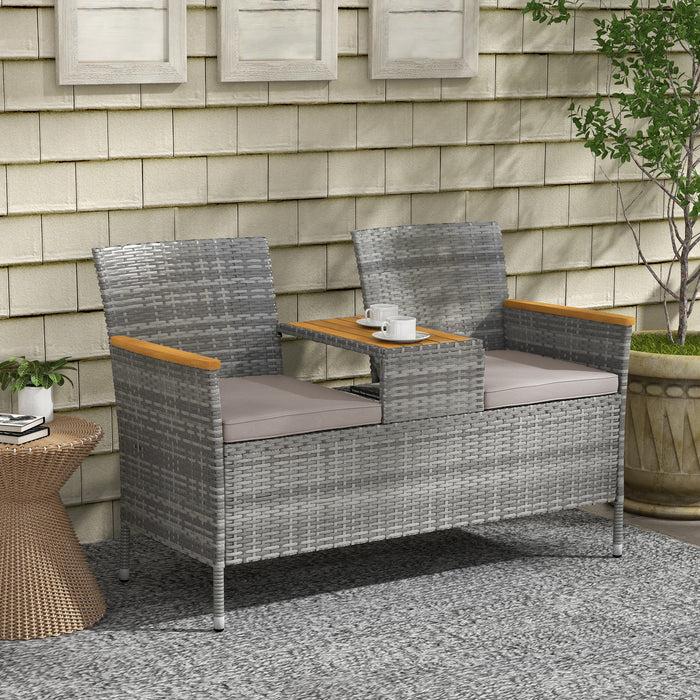 Rattan Two-Seater Loveseat with Integrated Wood-Top Table - Stylish Grey Outdoor Furniture - Perfect for Patio Conversation and Relaxation