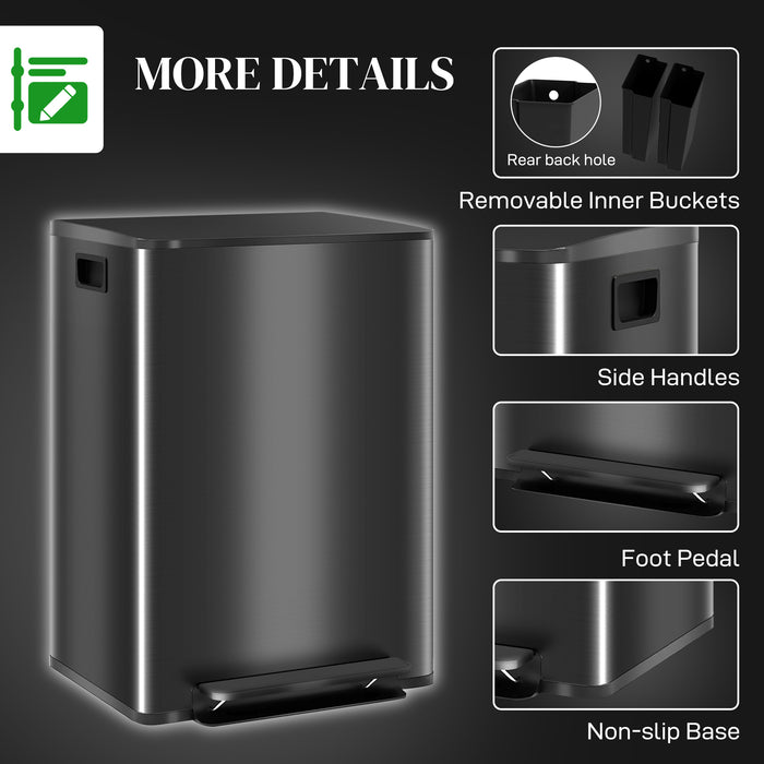 Dual Compartment Recycling & Waste Bin - 60L Stainless Steel Pedal with Soft-Close Lid & Removable Inner Buckets - Efficient Trash Sorting for Home or Office Use