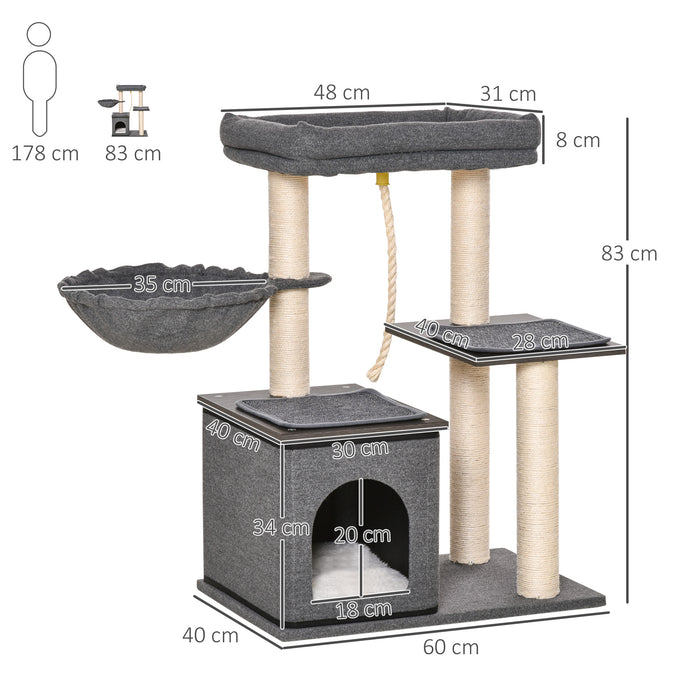 Cat Tree Tower for Climbing - Multi-Level Activity Center with Sisal Scratching Posts, Cozy Bed, Condo & Teasing Rope - Ideal for Kittens & Agile Cats, 60x40x83cm, Dark Grey