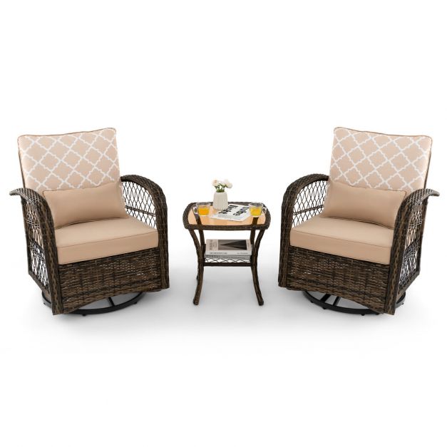 Wicker Swivel Rocker - 3-Piece Patio Set with Tempered Glass Coffee Table in Beige - Ideal for Outdoor Comfort and Leisure Activities