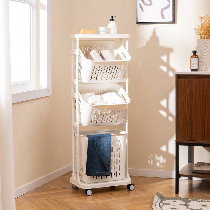 3-Tier Laundry Hamper Cart with 4 Rolling Wheels-White