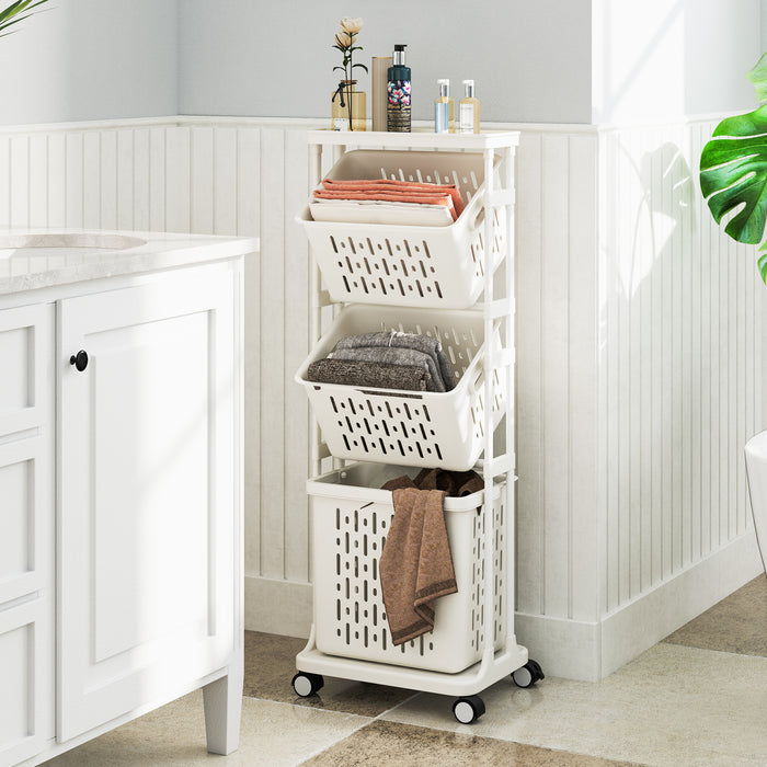 3-Tier Laundry Hamper Cart with 4 Rolling Wheels-White