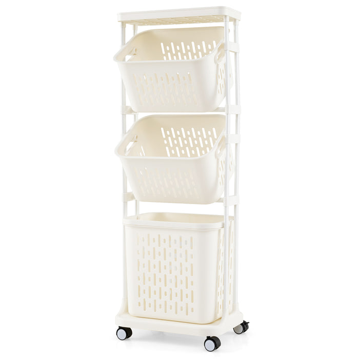 3-Tier Laundry Hamper Cart with 4 Rolling Wheels-White