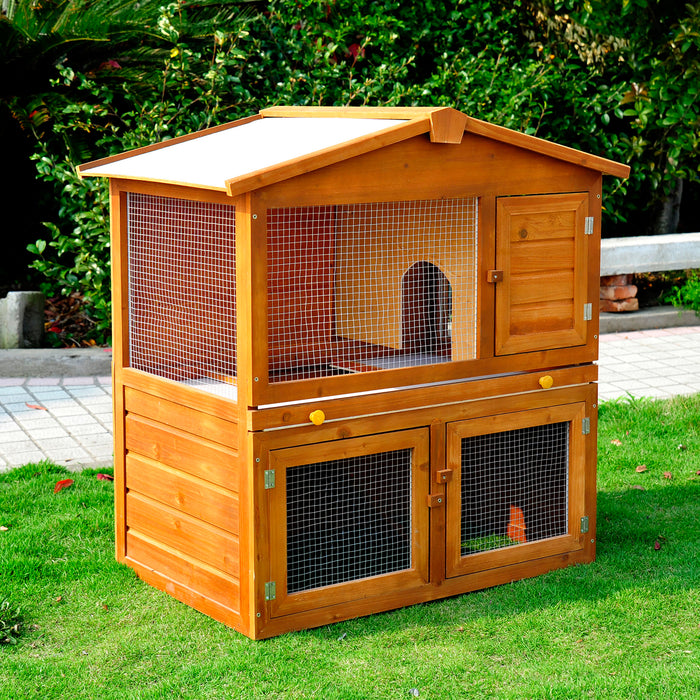 2-Tier Wooden Rabbit Hutch with Run Ramp - Spacious Guinea Pig & Ferret Cage Coop with Sliding Tray, 94x97x61cm - Ideal Pet Shelter for Bunnies and Small Animals