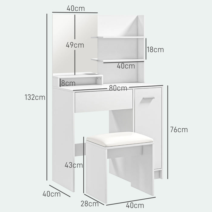 Vanity Makeup Desk with Mirror and Stool - Modern Bedroom Dressing Table with Drawer, Storage Cabinet, and Adjustable Shelf - Elegant White Furniture for Personal Grooming Space