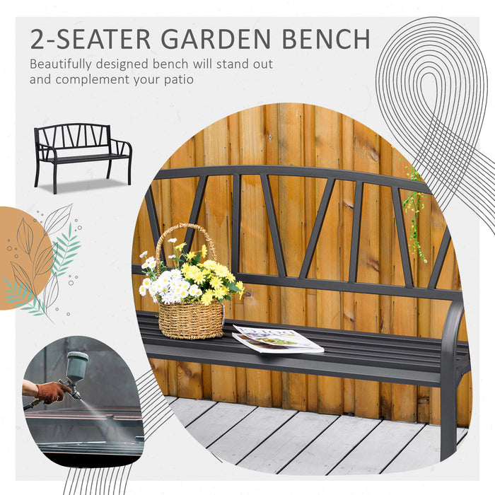 2-Seater Metal Garden Loveseat - Cushioned Bench with Slatted Design & Decorative Backrest - Ideal for Patio & Outdoor Seating