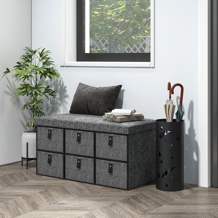 Six-Drawer Shoe Storage Bench - Dark Grey with Cushioned Seating - Ideal for Entryway Clutter Reduction and Organization