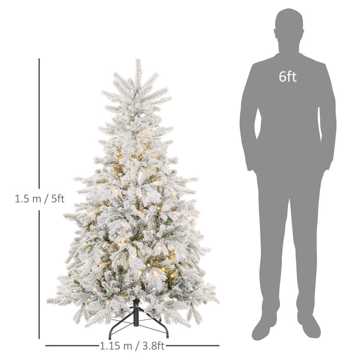 HOMCOM 5ft Prelit Snow Flocked Artificial Christmas Tree with Warm White LED Light and 931 Tips, Metal Base, Snowy Realistic Xmas Tree